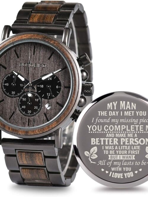 2win Engraved Wooden Watch for Boyfriend My Man Fiancé Husband Customized Personalized Wood Watches for Men Birthday Anniversary Personalized Watch