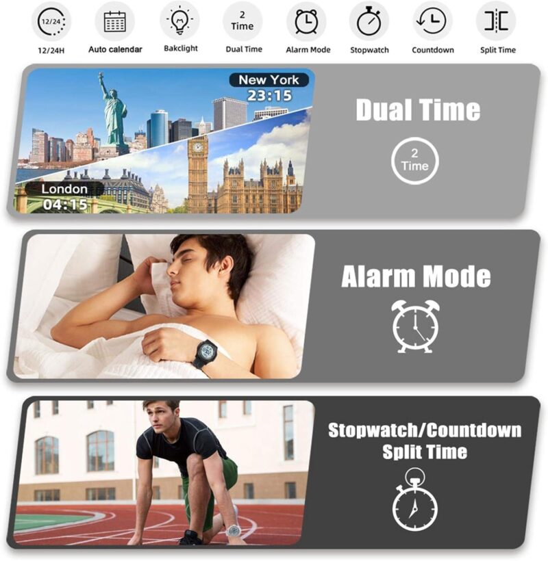 Beeasy Digital Watch Waterproof with Stopwatch Alarm Countdown Dual Time, Ultra-Thin Super Wide-Angle Display Digital Wrist Watches for Men Women - Image 3