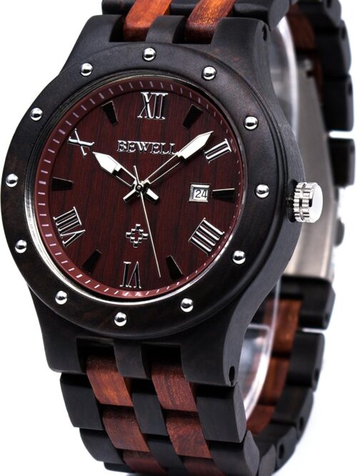 Bewell Men's Wooden Watches Handmade Date Display Analog Quartz Luminous Wristwatch