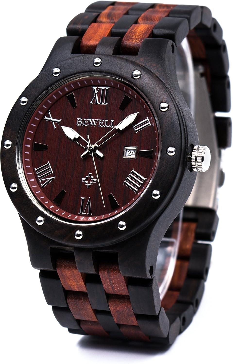Bewell Men's Wooden Watches Handmade Date Display Analog Quartz Luminous Wristwatch