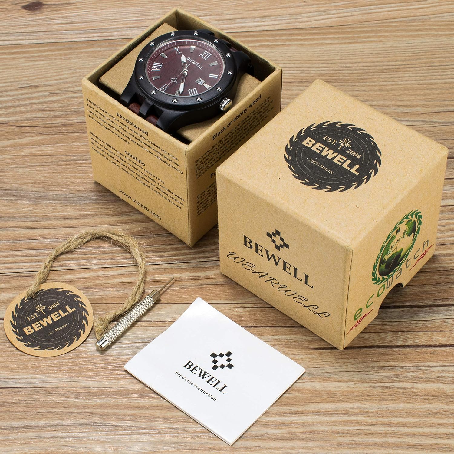 Bewell Men's Wooden Watches Handmade Date Display Analog Quartz Luminous Wristwatch - Image 7