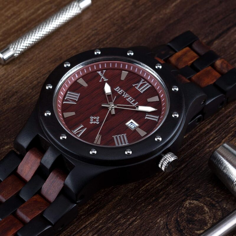 Bewell Men's Wooden Watches Handmade Date Display Analog Quartz Luminous Wristwatch - Image 5