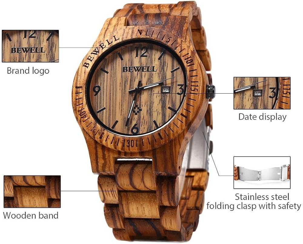Bewell W086B Mens Wooden Watch Analog Quartz Lightweight Handmade Wood Wrist Watch - Image 4
