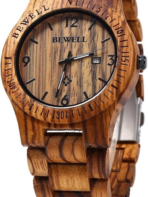 Bewell W086B Mens Wooden Watch Analog Quartz Lightweight Handmade Wood Wrist Watch