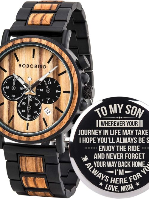 BOBO BIRD Mens Personalized Engraved Wooden Watches, Stylish Wood & Stainless Steel Combined Quartz Casual Wristwatches for Men Family Friends Customized Watch