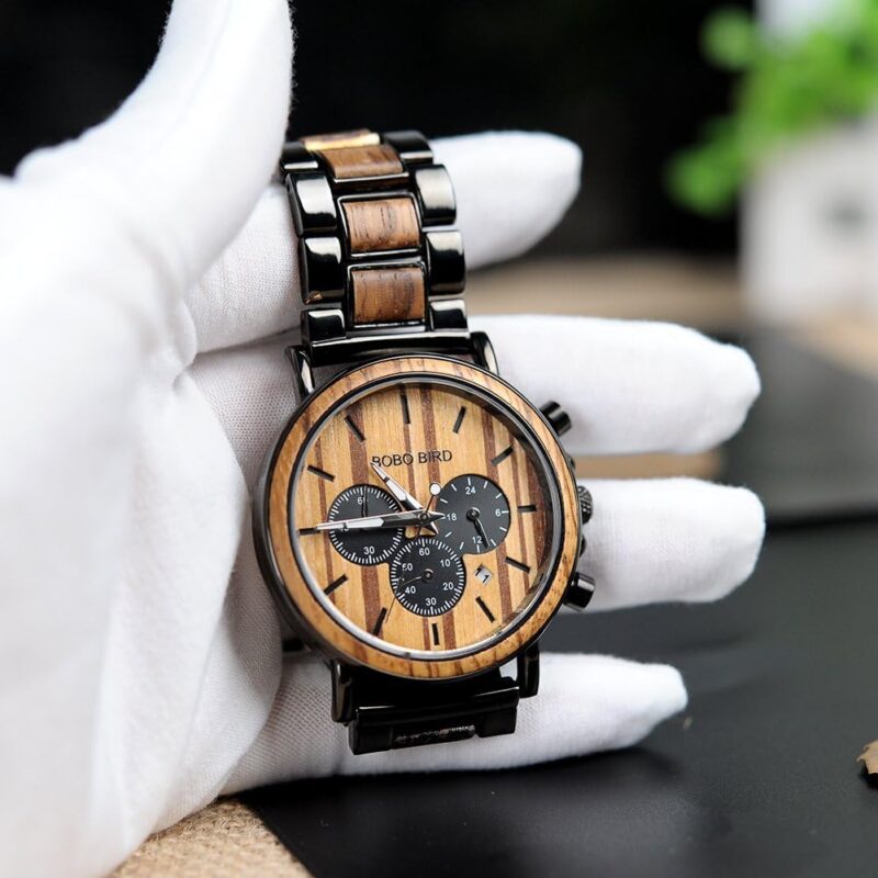 BOBO BIRD Mens Personalized Engraved Wooden Watches, Stylish Wood & Stainless Steel Combined Quartz Casual Wristwatches for Men Family Friends Customized Watch - Image 5