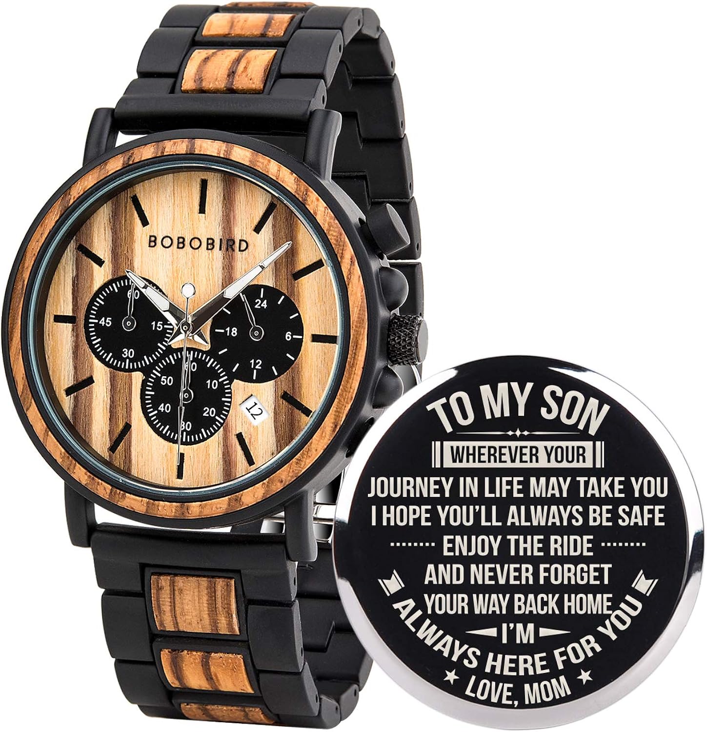 BOBO BIRD Mens Personalized Engraved Wooden Watches, Stylish Wood & Stainless Steel Combined Quartz Casual Wristwatches for Men Family Friends Customized Watch