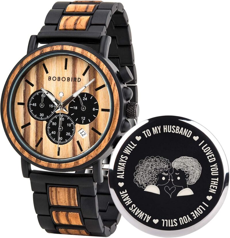 BOBO BIRD Mens Personalized Engraved Wooden Watches, Stylish Wood & Stainless Steel Combined Quartz Casual Wristwatches for Men Family Friends Customized Watch - Image 12