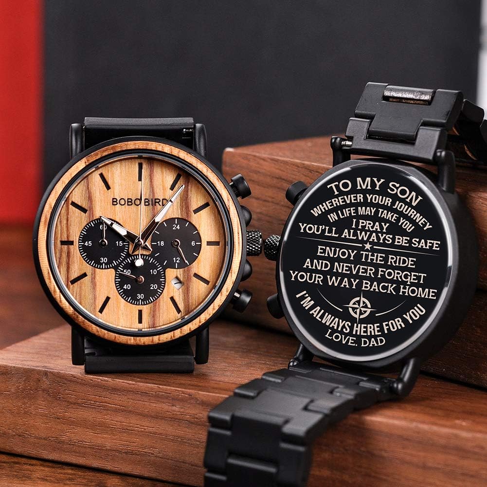 BOBO BIRD Mens Personalized Engraved Wooden Watches, Stylish Wood & Stainless Steel Combined Quartz Casual Wristwatches for Men Family Friends Customized Watch - Image 2