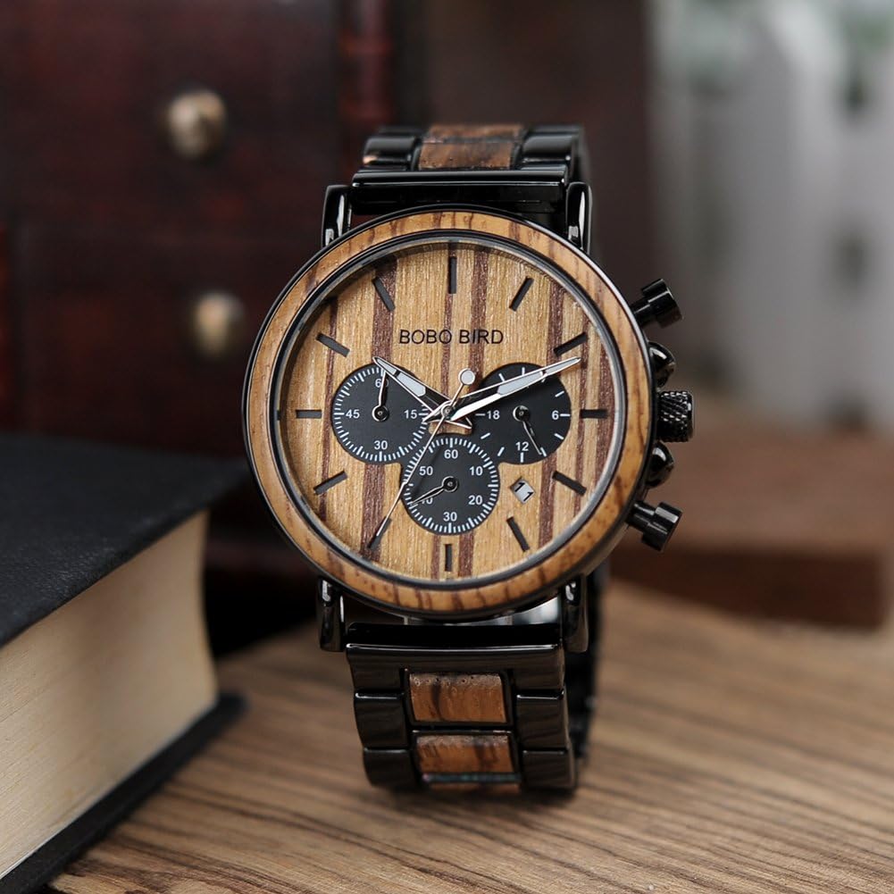 BOBO BIRD Mens Personalized Engraved Wooden Watches, Stylish Wood & Stainless Steel Combined Quartz Casual Wristwatches for Men Family Friends Customized Watch - Image 4