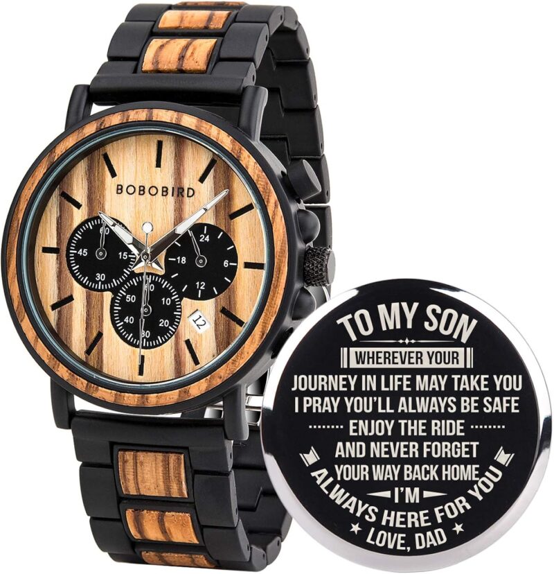 BOBO BIRD Mens Personalized Engraved Wooden Watches, Stylish Wood & Stainless Steel Combined Quartz Casual Wristwatches for Men Family Friends Customized Watch - Image 9