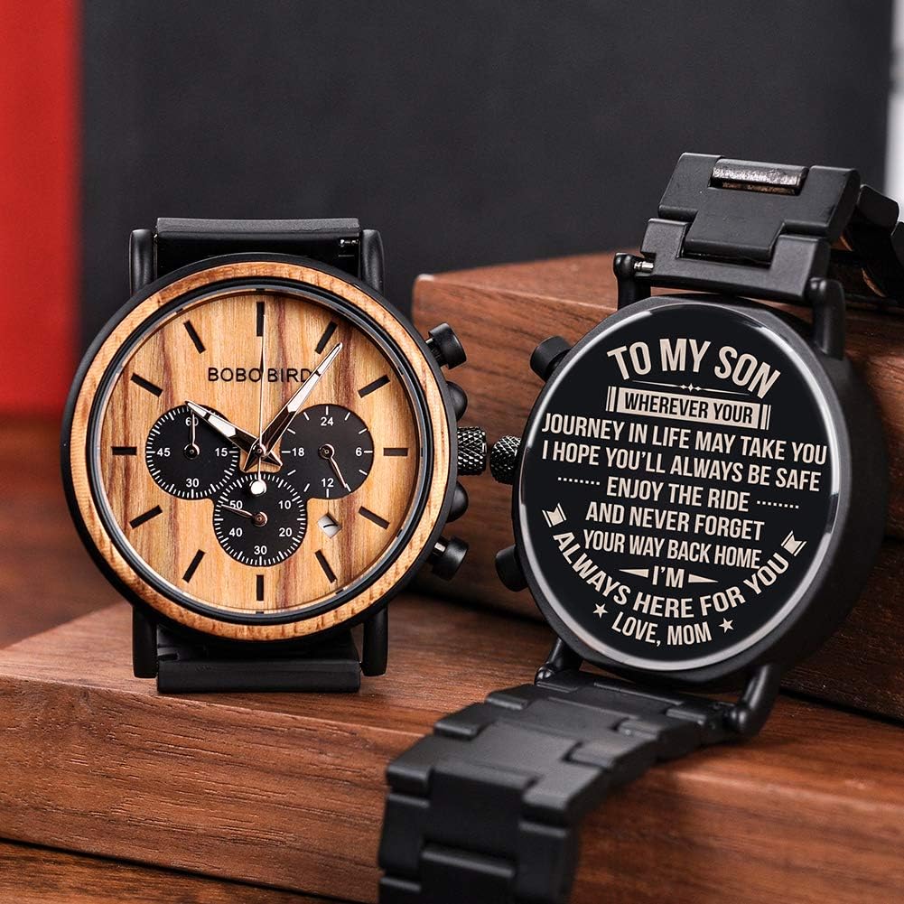 BOBO BIRD Mens Personalized Engraved Wooden Watches, Stylish Wood & Stainless Steel Combined Quartz Casual Wristwatches for Men Family Friends Customized Watch - Image 2