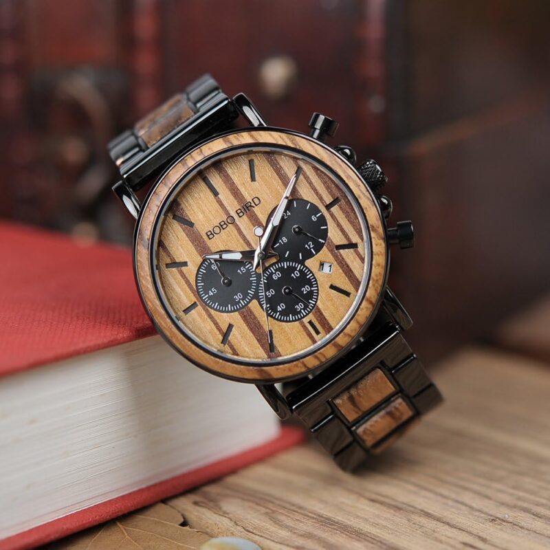 BOBO BIRD Mens Personalized Engraved Wooden Watches, Stylish Wood & Stainless Steel Combined Quartz Casual Wristwatches for Men Family Friends Customized Watch - Image 3