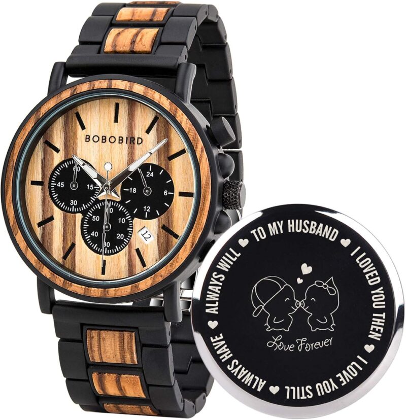 BOBO BIRD Mens Personalized Engraved Wooden Watches, Stylish Wood & Stainless Steel Combined Quartz Casual Wristwatches for Men Family Friends Customized Watch - Image 22