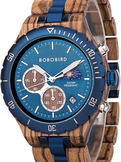 BOBO BIRD Mens Quartz Wooden Watches Stainless Steel Red Sandalwood Alloy Wood Watch for Male Classic Function Wristwatch Chronograph Luminous Hands Day and Night Date Display