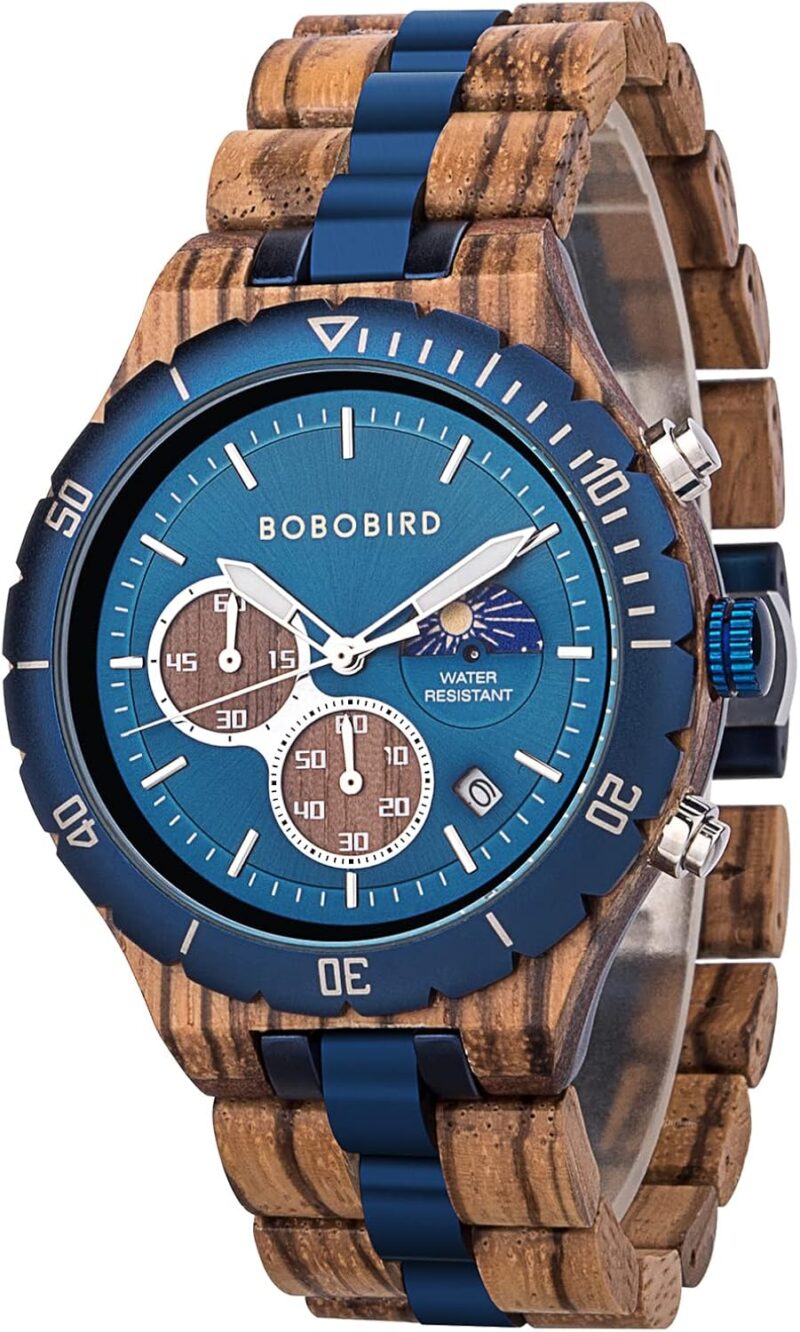 BOBO BIRD Mens Quartz Wooden Watches Stainless Steel Red Sandalwood Alloy Wood Watch for Male Classic Function Wristwatch Chronograph Luminous Hands Day and Night Date Display