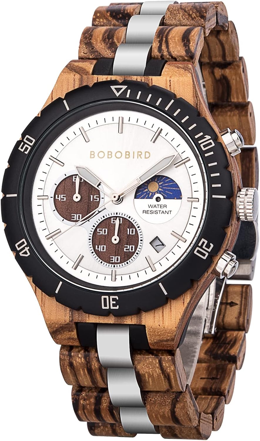 BOBO BIRD Mens Quartz Wooden Watches Stainless Steel Red Sandalwood Alloy Wood Watch for Male Classic Function Wristwatch Chronograph Luminous Hands Day and Night Date Display - Image 11