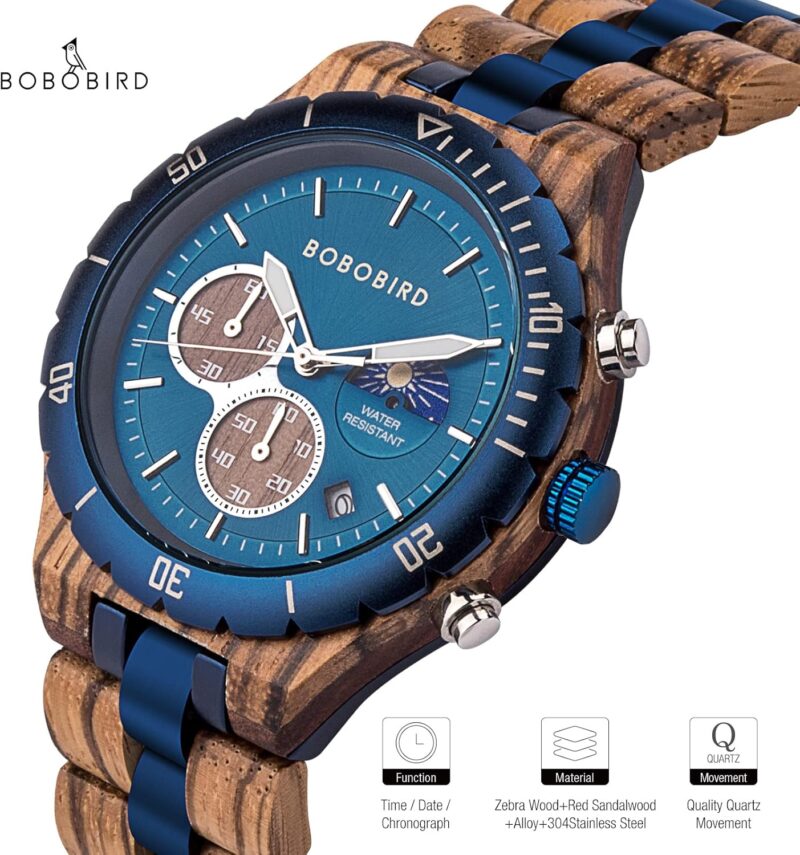 BOBO BIRD Mens Quartz Wooden Watches Stainless Steel Red Sandalwood Alloy Wood Watch for Male Classic Function Wristwatch Chronograph Luminous Hands Day and Night Date Display - Image 3