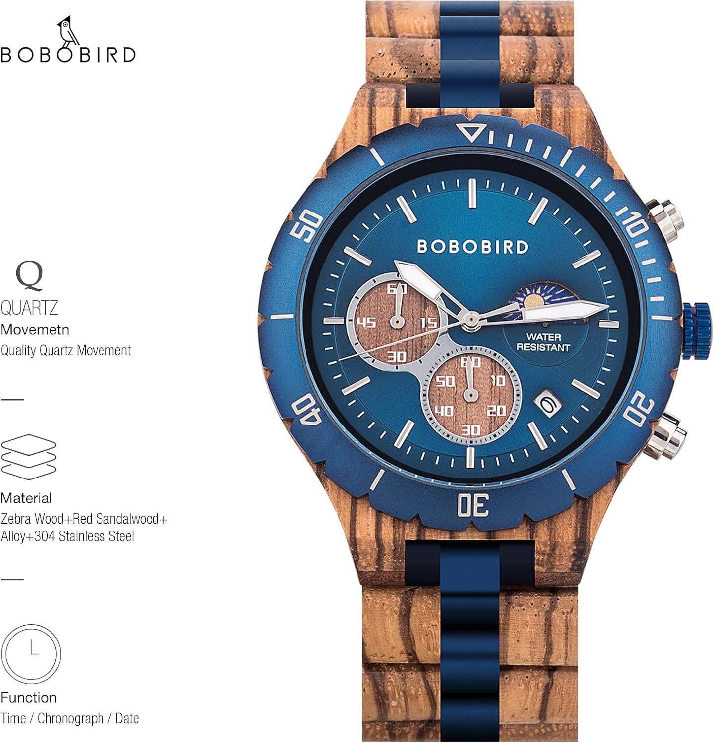 BOBO BIRD Mens Quartz Wooden Watches Stainless Steel Red Sandalwood Alloy Wood Watch for Male Classic Function Wristwatch Chronograph Luminous Hands Day and Night Date Display - Image 2