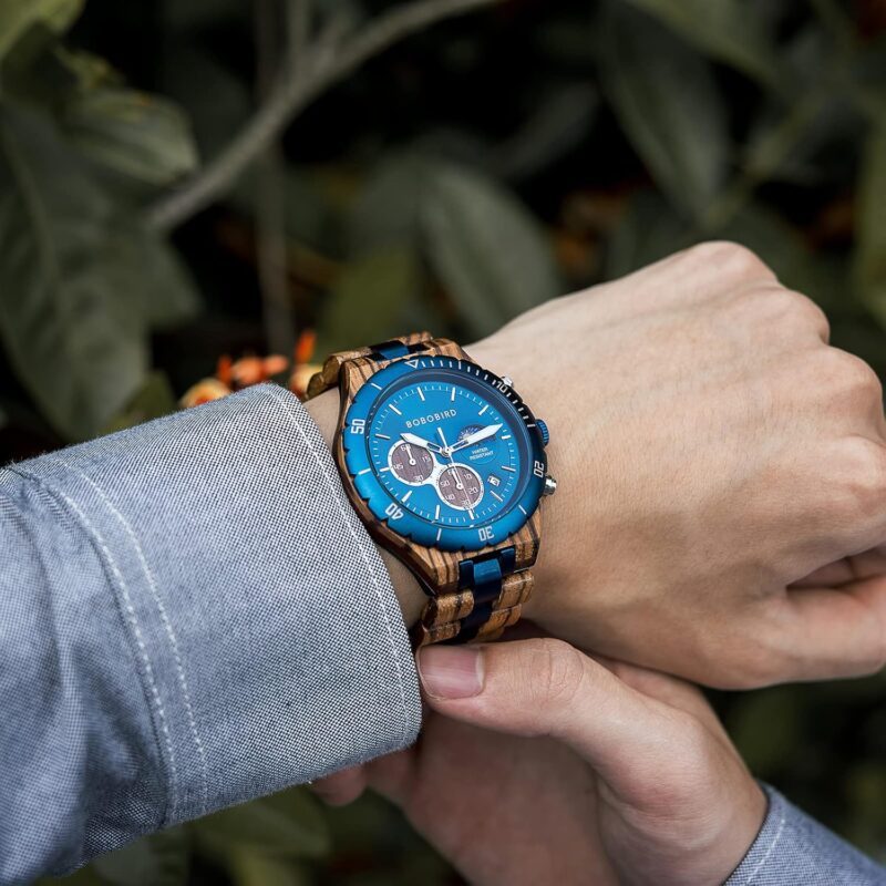BOBO BIRD Mens Quartz Wooden Watches Stainless Steel Red Sandalwood Alloy Wood Watch for Male Classic Function Wristwatch Chronograph Luminous Hands Day and Night Date Display - Image 6