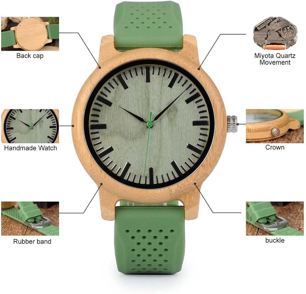 BOBO BIRD Mens Womens 44mm Big Neutral Bamboo Wooden Watch Unisex Japan Analog Quartz Green Silicone Strap Sports Casual Watches with Wood Box - Image 6