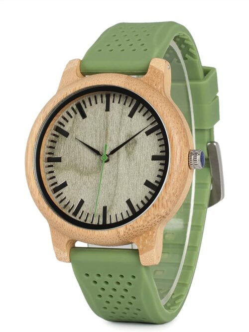 BOBO BIRD Mens Womens 44mm Big Neutral Bamboo Wooden Watch Unisex Japan Analog Quartz Green Silicone Strap Sports Casual Watches with Wood Box