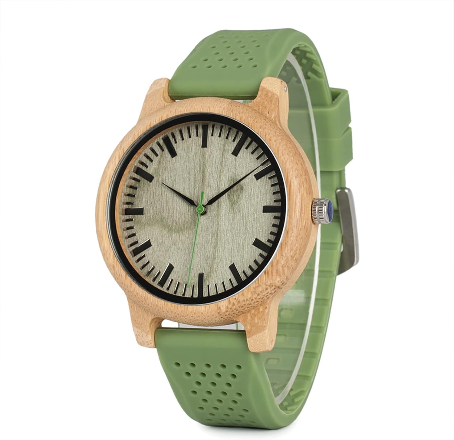 BOBO BIRD Mens Womens 44mm Big Neutral Bamboo Wooden Watch Unisex Japan Analog Quartz Green Silicone Strap Sports Casual Watches with Wood Box