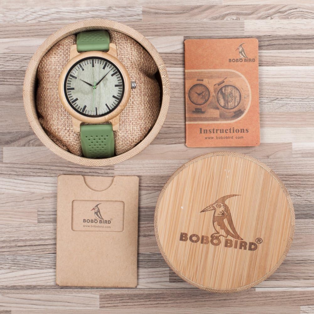 BOBO BIRD Mens Womens 44mm Big Neutral Bamboo Wooden Watch Unisex Japan Analog Quartz Green Silicone Strap Sports Casual Watches with Wood Box - Image 5