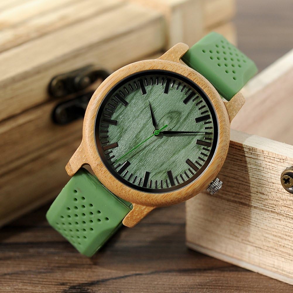 BOBO BIRD Mens Womens 44mm Big Neutral Bamboo Wooden Watch Unisex Japan Analog Quartz Green Silicone Strap Sports Casual Watches with Wood Box - Image 9