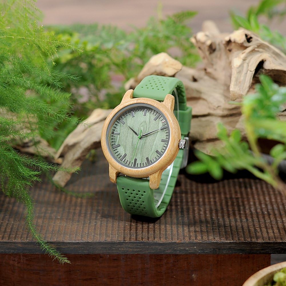 BOBO BIRD Mens Womens 44mm Big Neutral Bamboo Wooden Watch Unisex Japan Analog Quartz Green Silicone Strap Sports Casual Watches with Wood Box - Image 3