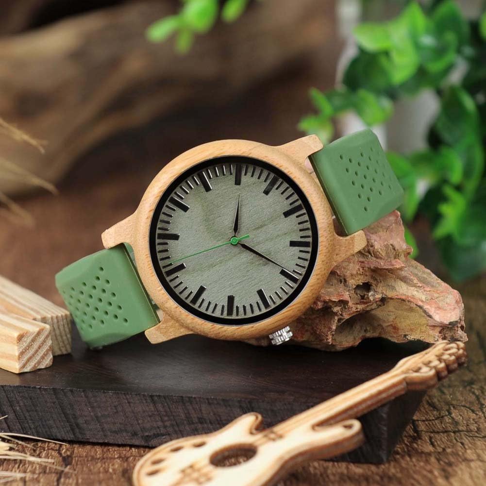 BOBO BIRD Mens Womens 44mm Big Neutral Bamboo Wooden Watch Unisex Japan Analog Quartz Green Silicone Strap Sports Casual Watches with Wood Box - Image 2