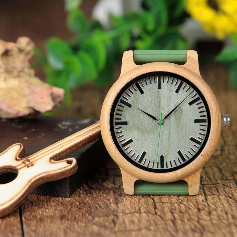 BOBO BIRD Mens Womens 44mm Big Neutral Bamboo Wooden Watch Unisex Japan Analog Quartz Green Silicone Strap Sports Casual Watches with Wood Box - Image 7
