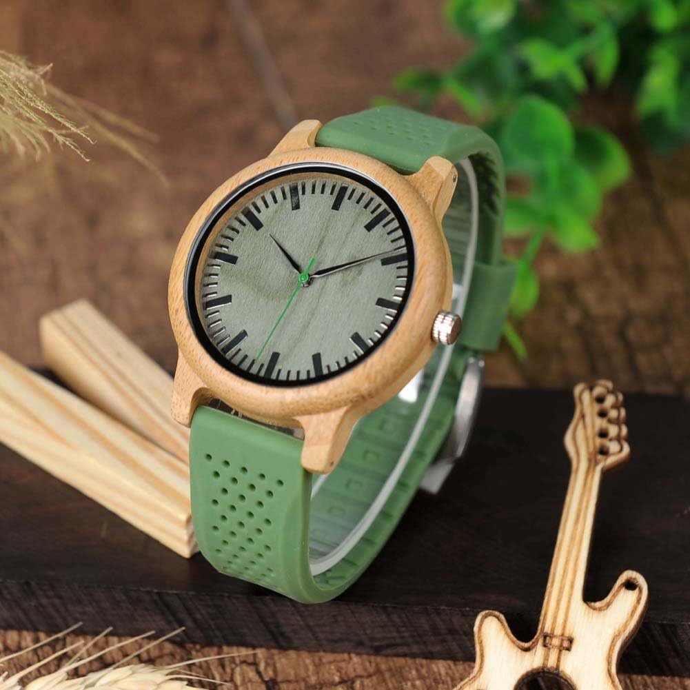 BOBO BIRD Mens Womens 44mm Big Neutral Bamboo Wooden Watch Unisex Japan Analog Quartz Green Silicone Strap Sports Casual Watches with Wood Box - Image 4