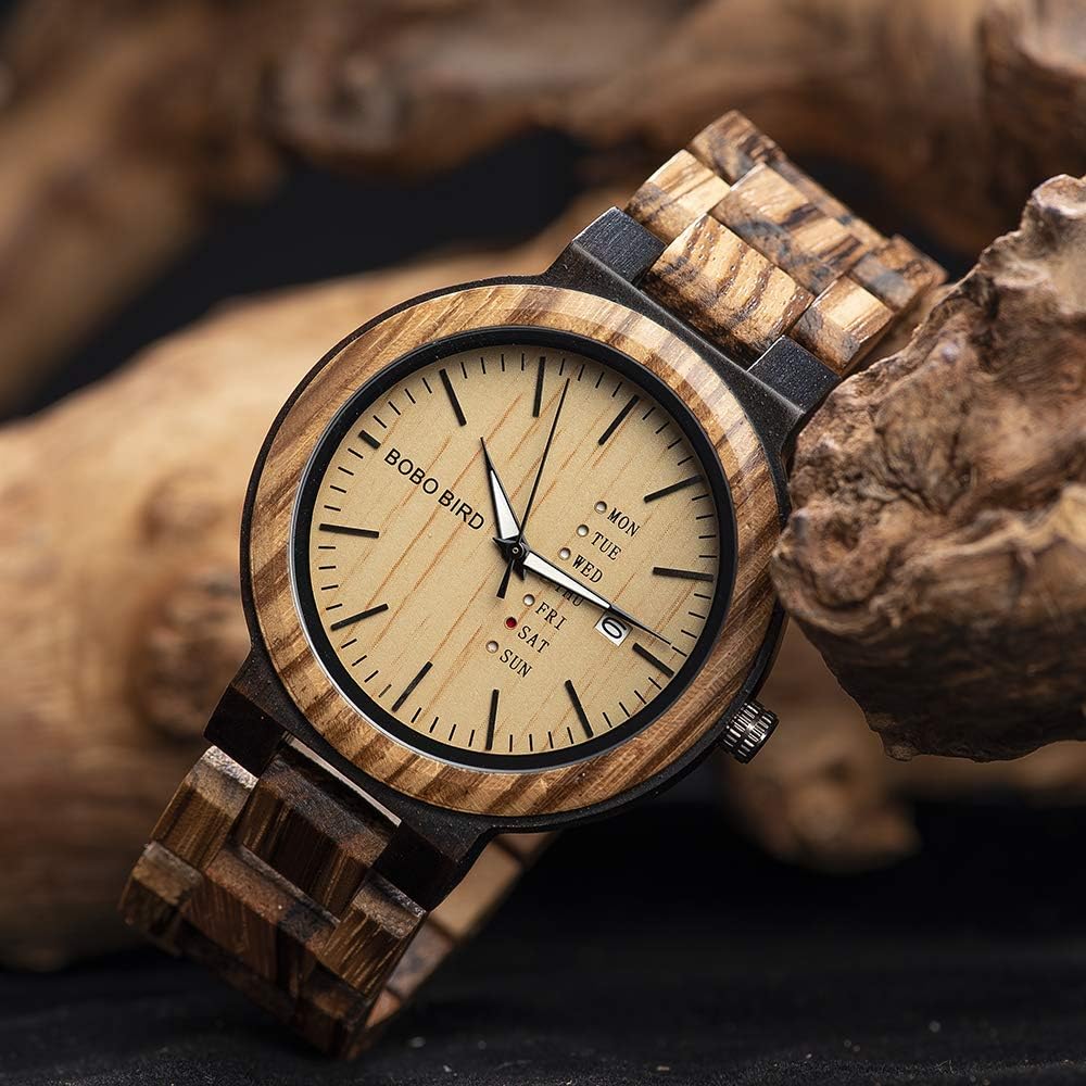 BOBO BIRD Week and Date Multi-Functional Display Men's Zebra Wooden Quartz Watch Lightweight Handmade Casual Wristwatches with Gift Box - Image 8