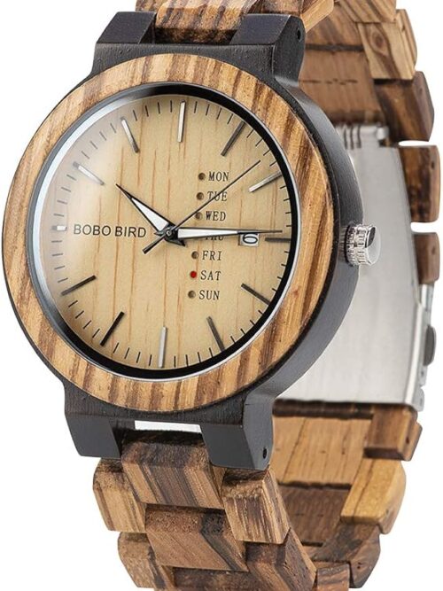 BOBO BIRD Week and Date Multi-Functional Display Men's Zebra Wooden Quartz Watch Lightweight Handmade Casual Wristwatches with Gift Box