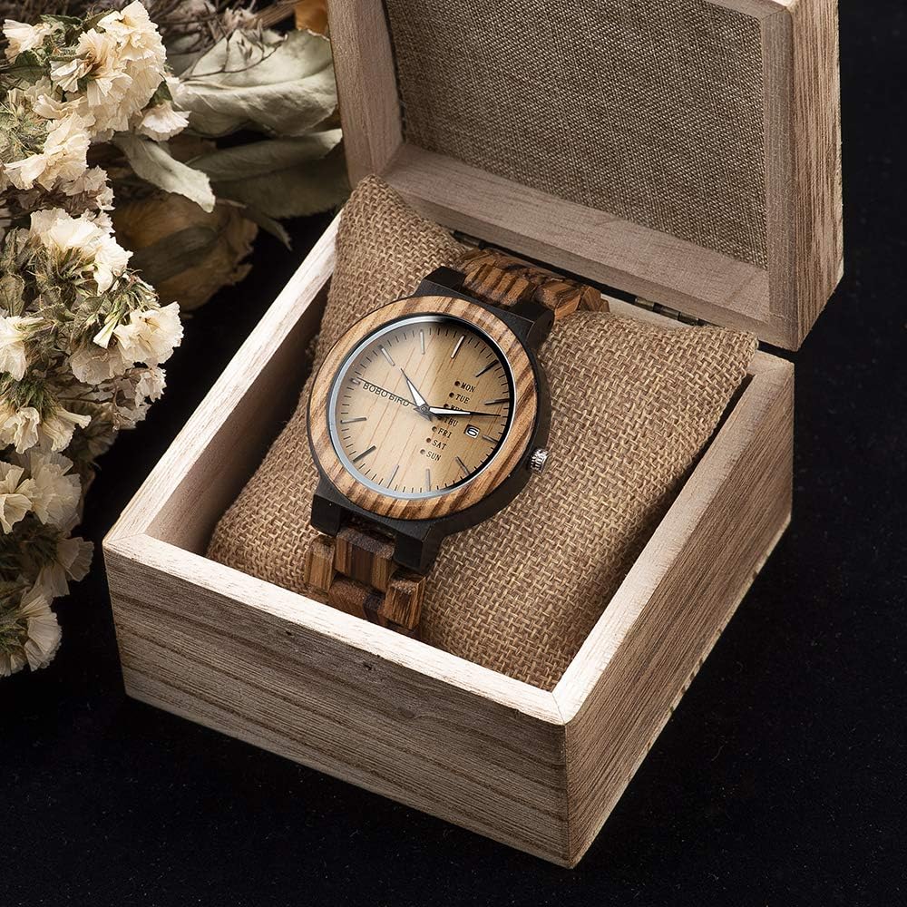 BOBO BIRD Week and Date Multi-Functional Display Men's Zebra Wooden Quartz Watch Lightweight Handmade Casual Wristwatches with Gift Box - Image 4