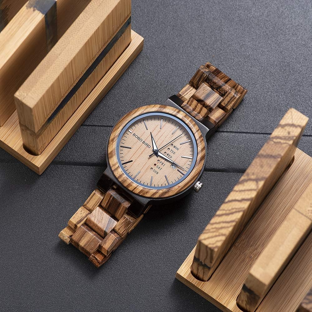 BOBO BIRD Week and Date Multi-Functional Display Men's Zebra Wooden Quartz Watch Lightweight Handmade Casual Wristwatches with Gift Box - Image 3