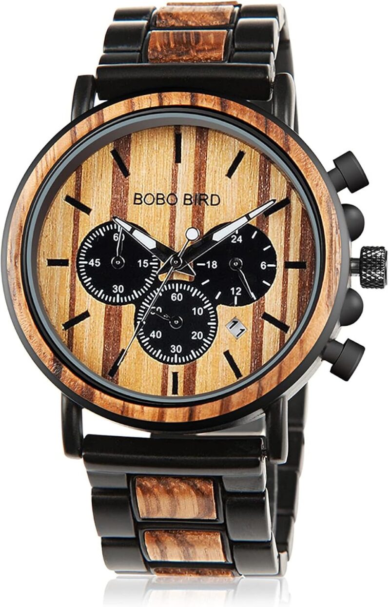 BOBO BIRD Wooden Mens Watches Stylish Wood & Stainless Steel Combined Chronograph Military Quartz Casual Wristwatches - Image 8