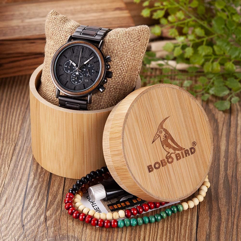 BOBO BIRD Wooden Mens Watches Stylish Wood & Stainless Steel Combined Chronograph Military Quartz Casual Wristwatches - Image 3