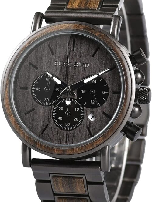 BOBO BIRD Wooden Mens Watches Stylish Wood & Stainless Steel Combined Chronograph Military Quartz Casual Wristwatches