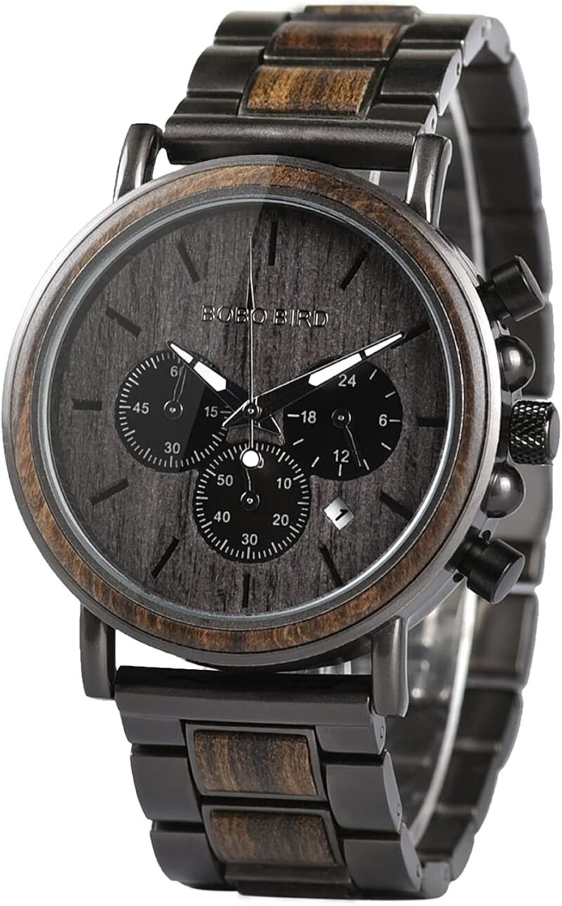 BOBO BIRD Wooden Mens Watches Stylish Wood & Stainless Steel Combined Chronograph Military Quartz Casual Wristwatches