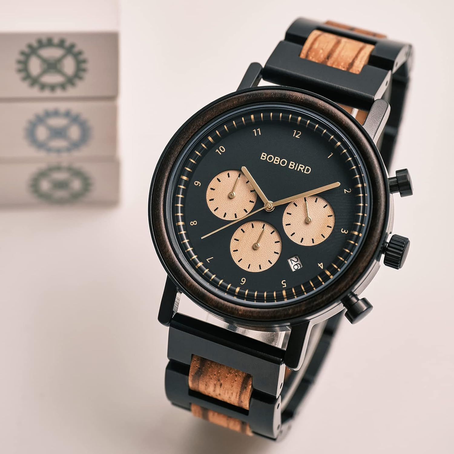 BOBO BIRD Wooden Watch for Men, Stylish Quartz Chronograph Military Casual Calendar Wood Watches Business and Sport Design Wood & Stainless Steel Combined Band Strap Wrist Watch for Men - Image 4