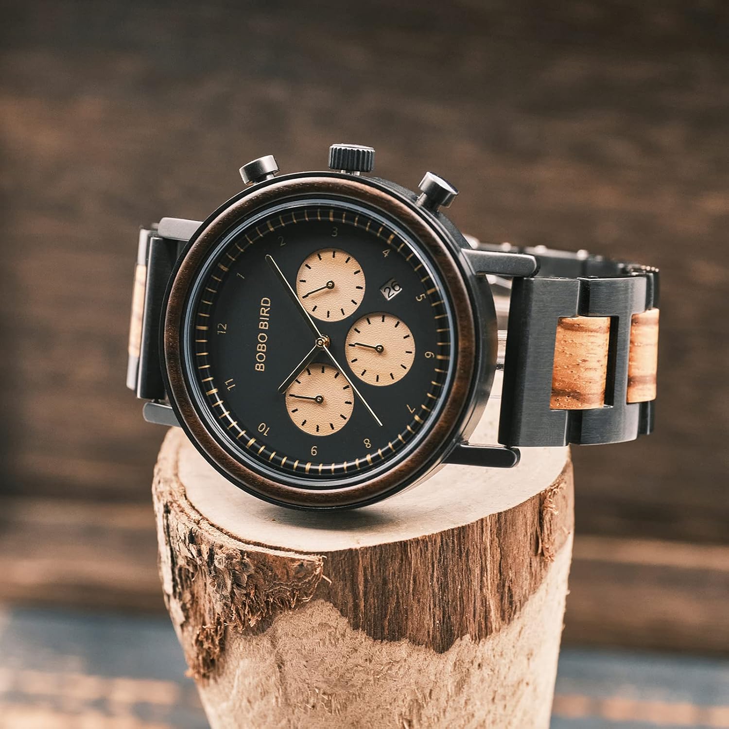 BOBO BIRD Wooden Watch for Men, Stylish Quartz Chronograph Military Casual Calendar Wood Watches Business and Sport Design Wood & Stainless Steel Combined Band Strap Wrist Watch for Men - Image 8