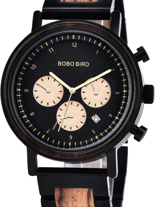 BOBO BIRD Wooden Watch for Men, Stylish Quartz Chronograph Military Casual Calendar Wood Watches Business and Sport Design Wood & Stainless Steel Combined Band Strap Wrist Watch for Men