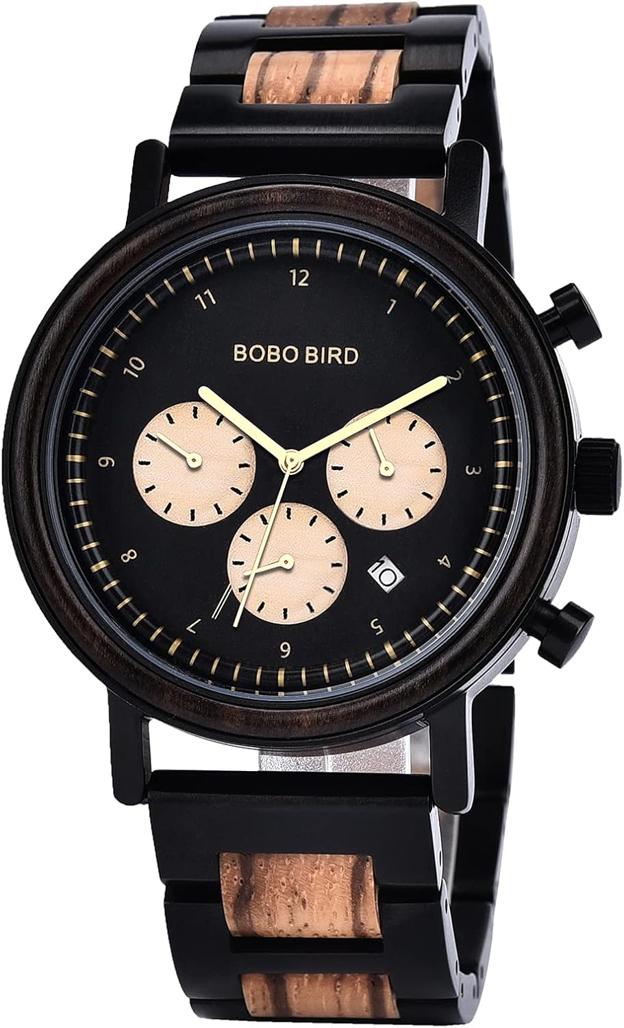 BOBO BIRD Wooden Watch for Men, Stylish Quartz Chronograph Military Casual Calendar Wood Watches Business and Sport Design Wood & Stainless Steel Combined Band Strap Wrist Watch for Men