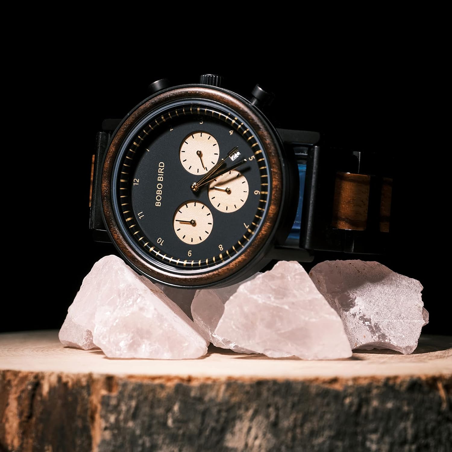 BOBO BIRD Wooden Watch for Men, Stylish Quartz Chronograph Military Casual Calendar Wood Watches Business and Sport Design Wood & Stainless Steel Combined Band Strap Wrist Watch for Men - Image 3