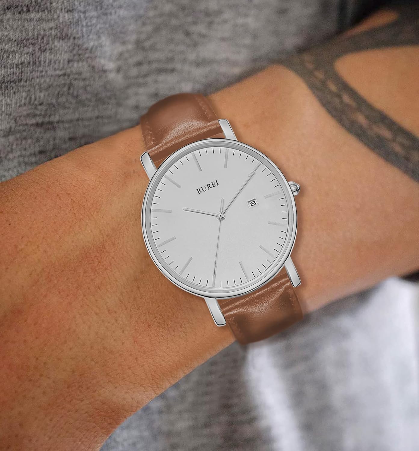 BUREI Men's Fashion Minimalist Wrist Watch Analog Date with Leather Strap - Image 6