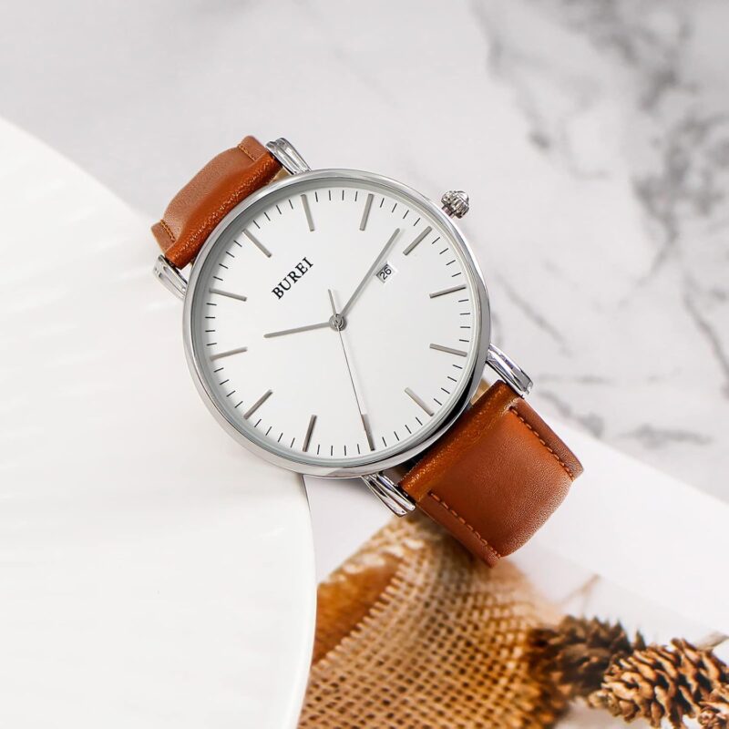 BUREI Men's Fashion Minimalist Wrist Watch Analog Date with Leather Strap - Image 3