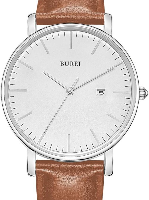 BUREI Men's Fashion Minimalist Wrist Watch Analog Date with Leather Strap