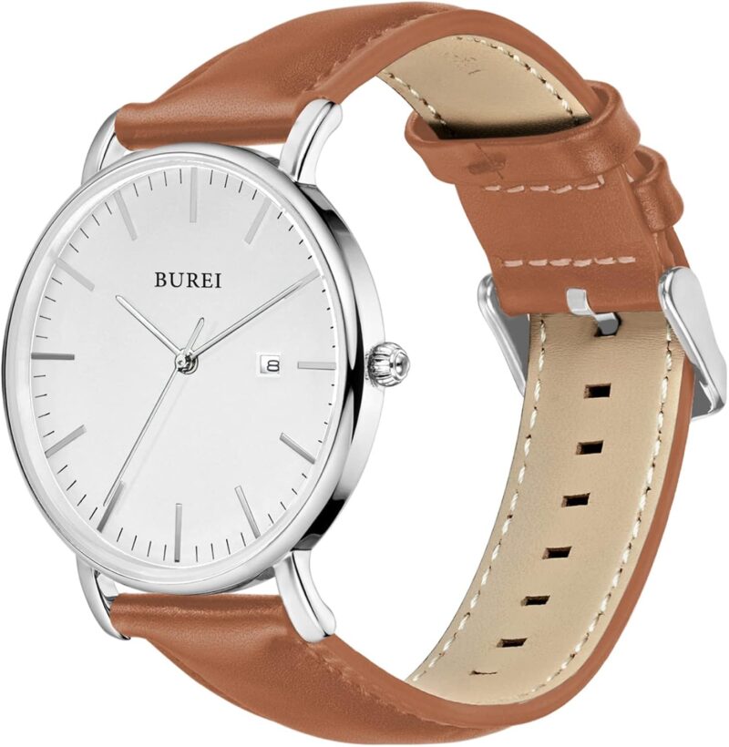 BUREI Men's Fashion Minimalist Wrist Watch Analog Date with Leather Strap - Image 2